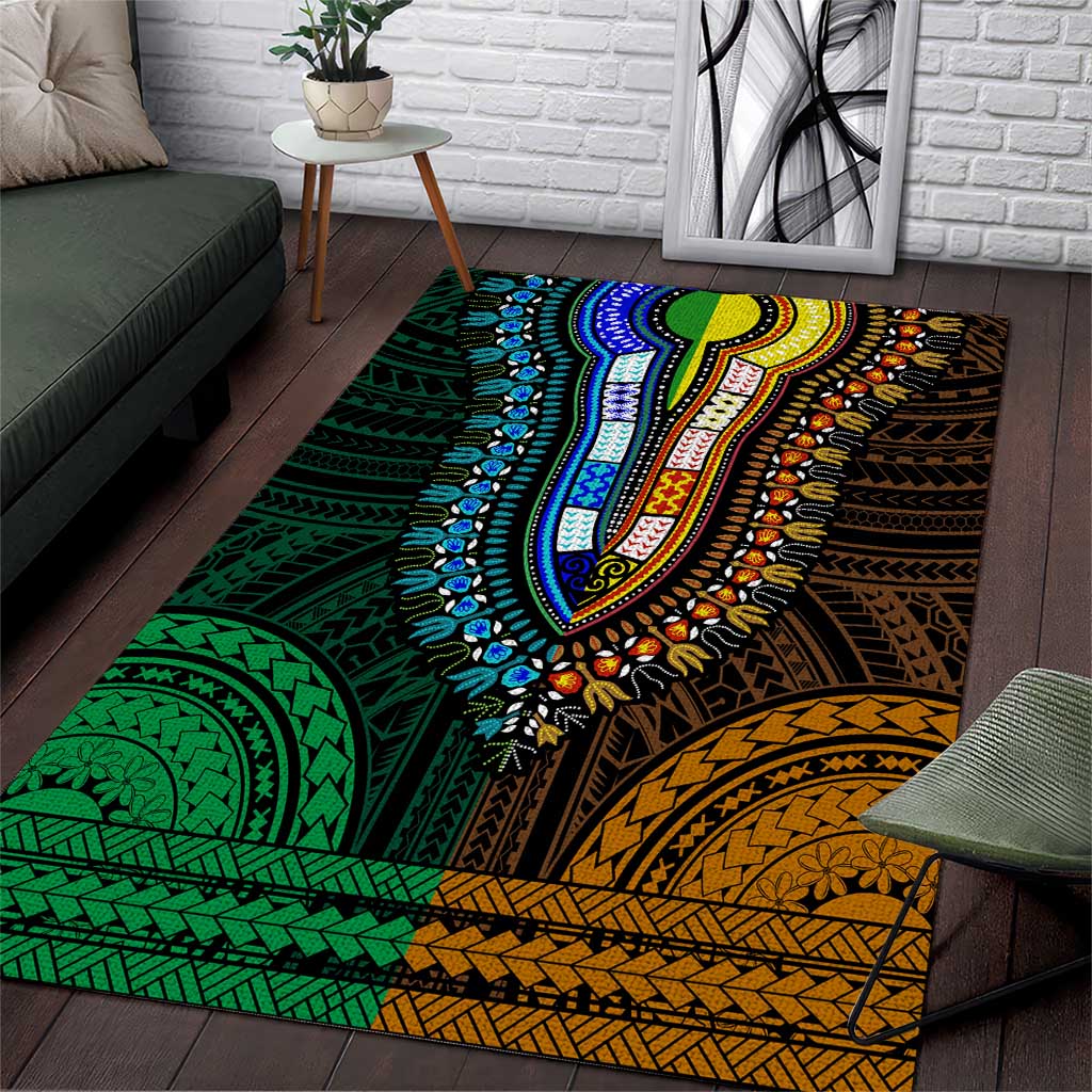 African Dashiki and Polynesian Pattern Area Rug Half Green-Gold