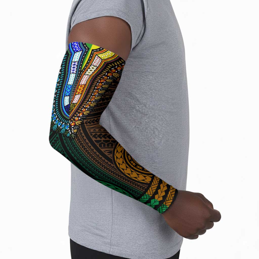 African Dashiki and Polynesian Pattern Arm Sleeves Half Green-Gold