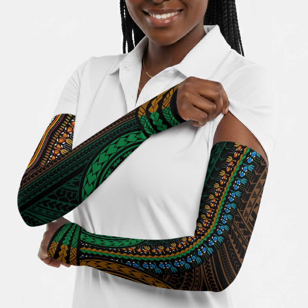 African Dashiki and Polynesian Pattern Arm Sleeves Half Green-Gold