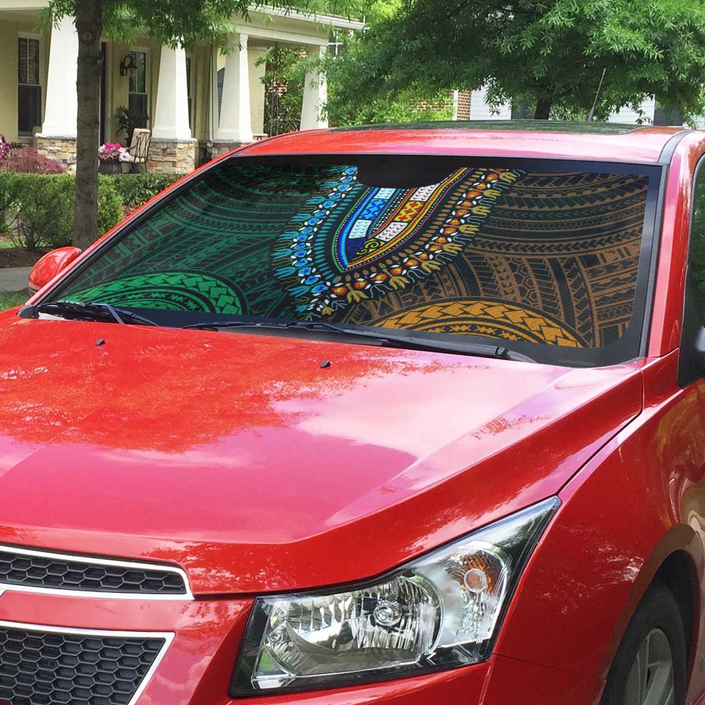 African Dashiki and Polynesian Pattern Auto Sun Shade Half Green-Gold