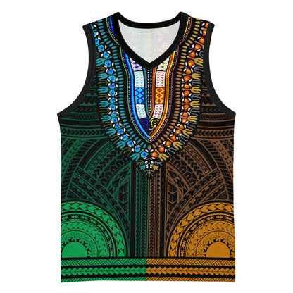 African Dashiki and Polynesian Pattern Basketball Jersey Half Green-Gold LT9