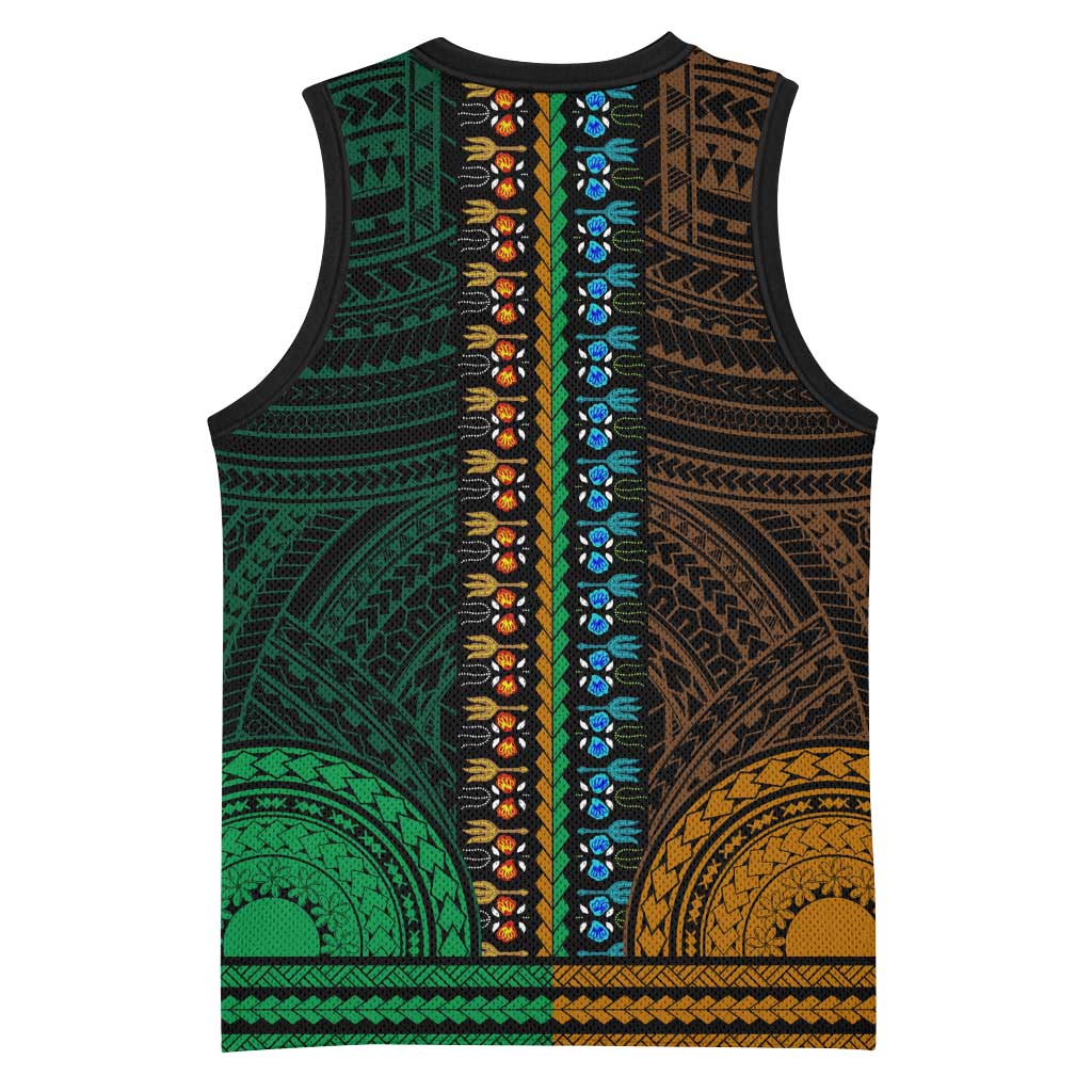 African Dashiki and Polynesian Pattern Basketball Jersey Half Green-Gold LT9