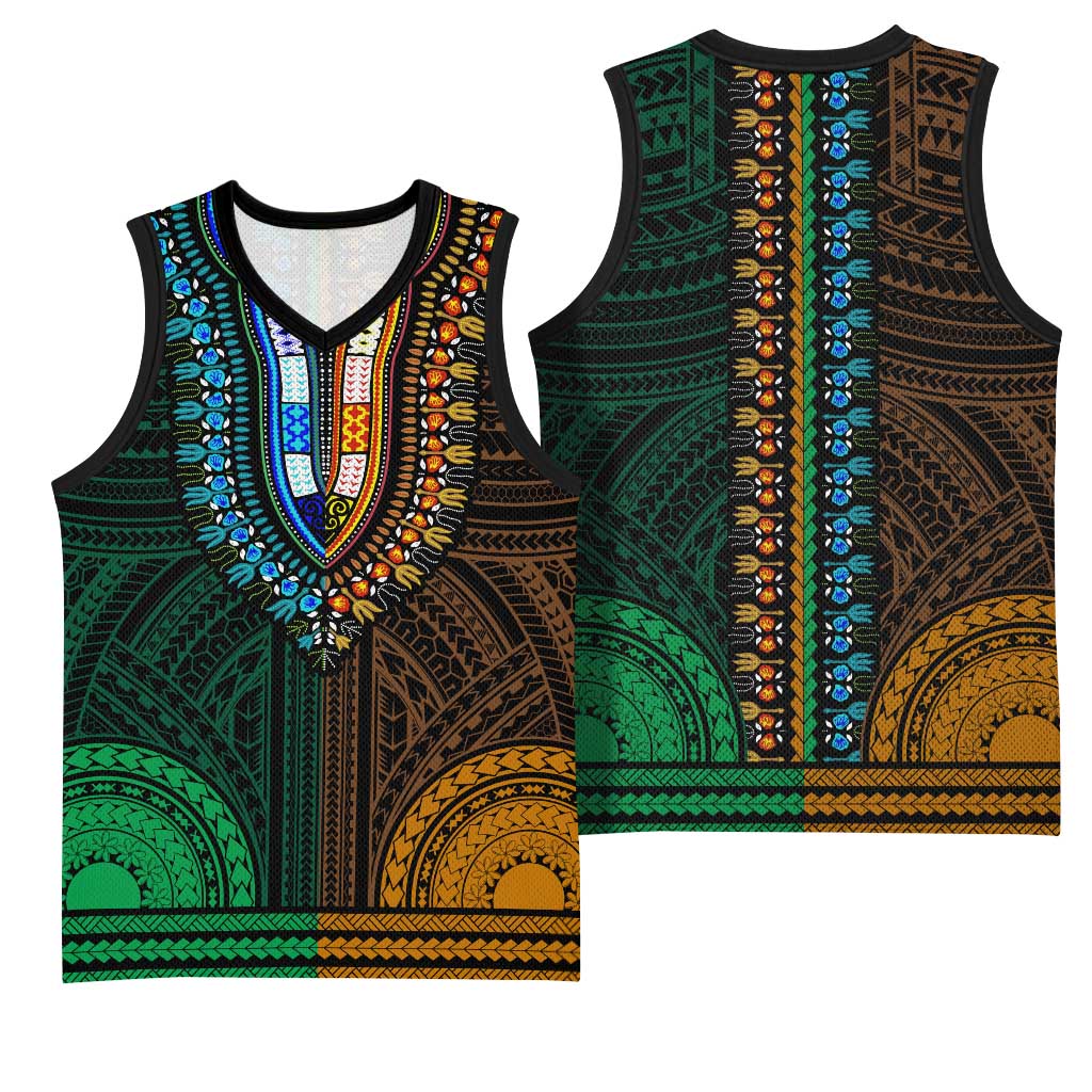 African Dashiki and Polynesian Pattern Basketball Jersey Half Green-Gold LT9