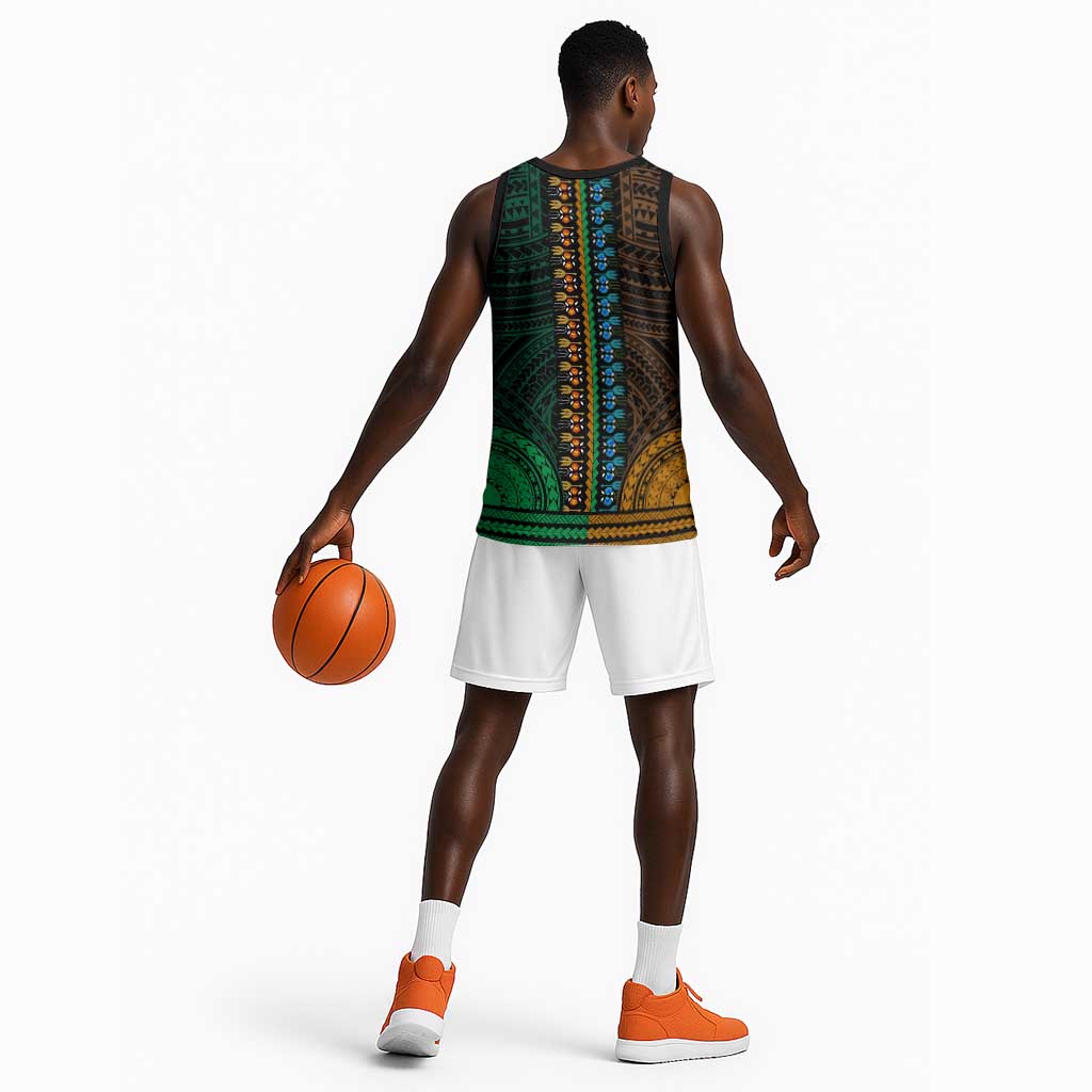 African Dashiki and Polynesian Pattern Basketball Jersey Half Green-Gold LT9