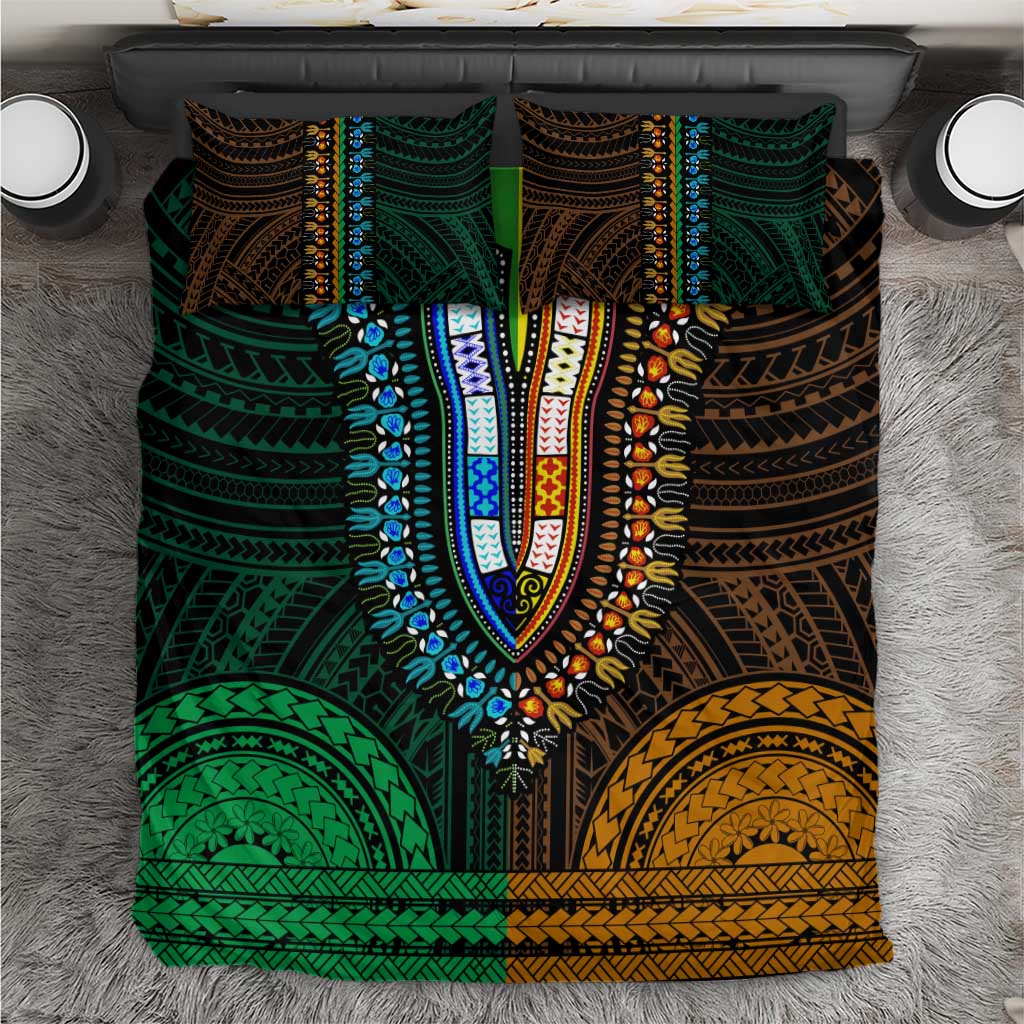 African Dashiki and Polynesian Pattern Bedding Set Half Green-Gold