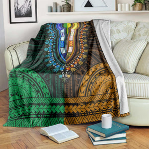 African Dashiki and Polynesian Pattern Blanket Half Green-Gold