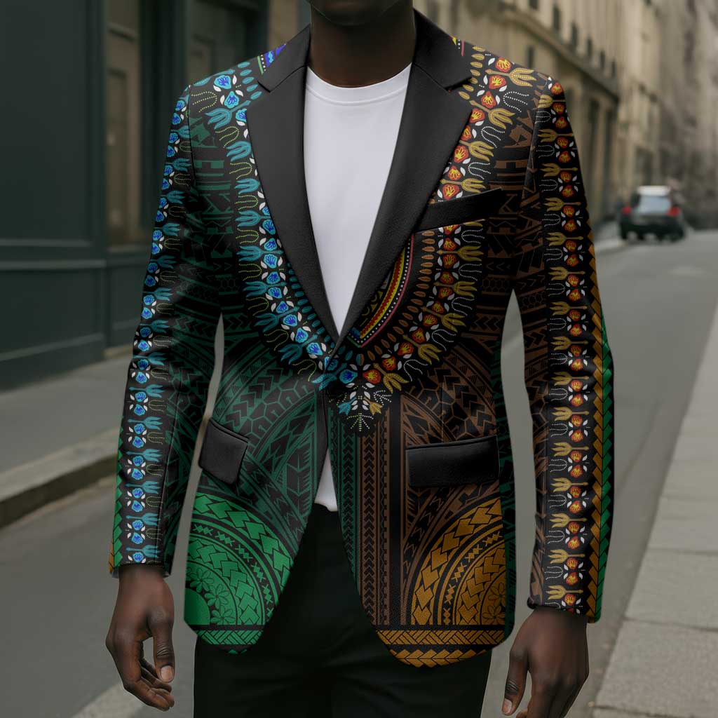 African Dashiki and Polynesian Pattern Blazer Half Green-Gold