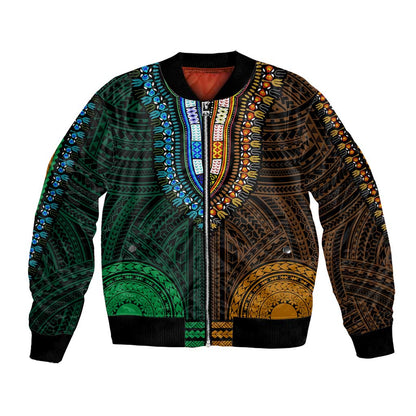 African Dashiki and Polynesian Pattern Bomber Jacket Half Green-Gold