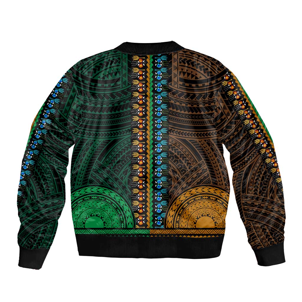 African Dashiki and Polynesian Pattern Bomber Jacket Half Green-Gold