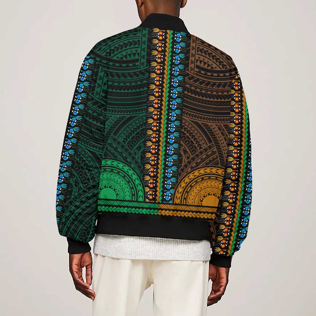 African Dashiki and Polynesian Pattern Bomber Jacket Half Green-Gold
