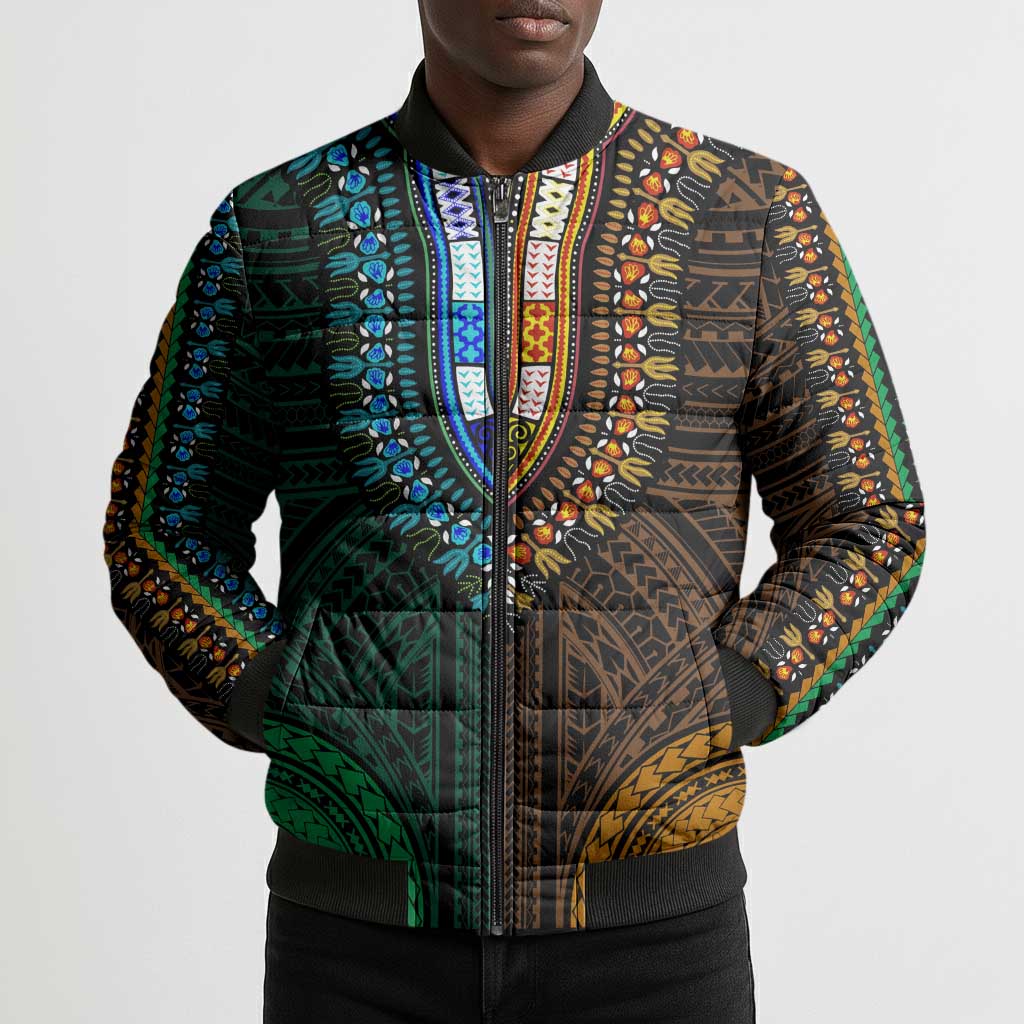 African Dashiki and Polynesian Pattern Bomber Puffer Jacket Half Green-Gold
