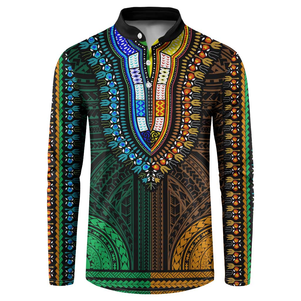 African Dashiki and Polynesian Pattern Button Sweatshirt Half Green-Gold