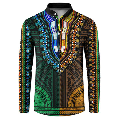 African Dashiki and Polynesian Pattern Button Sweatshirt Half Green-Gold