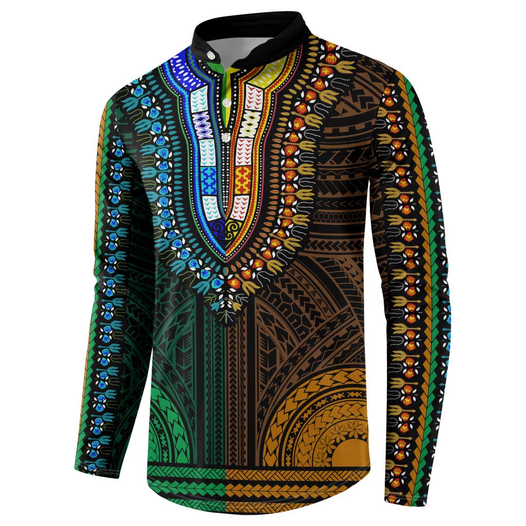African Dashiki and Polynesian Pattern Button Sweatshirt Half Green-Gold