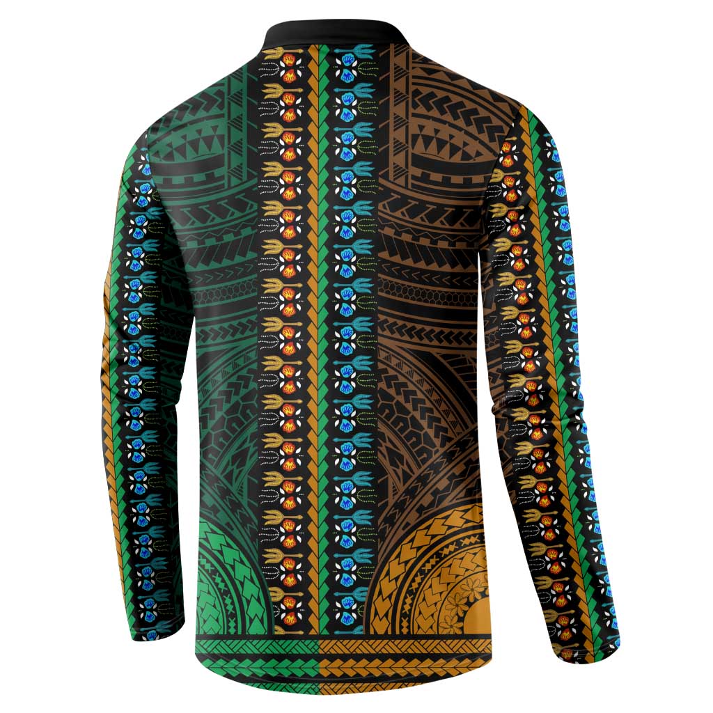 African Dashiki and Polynesian Pattern Button Sweatshirt Half Green-Gold