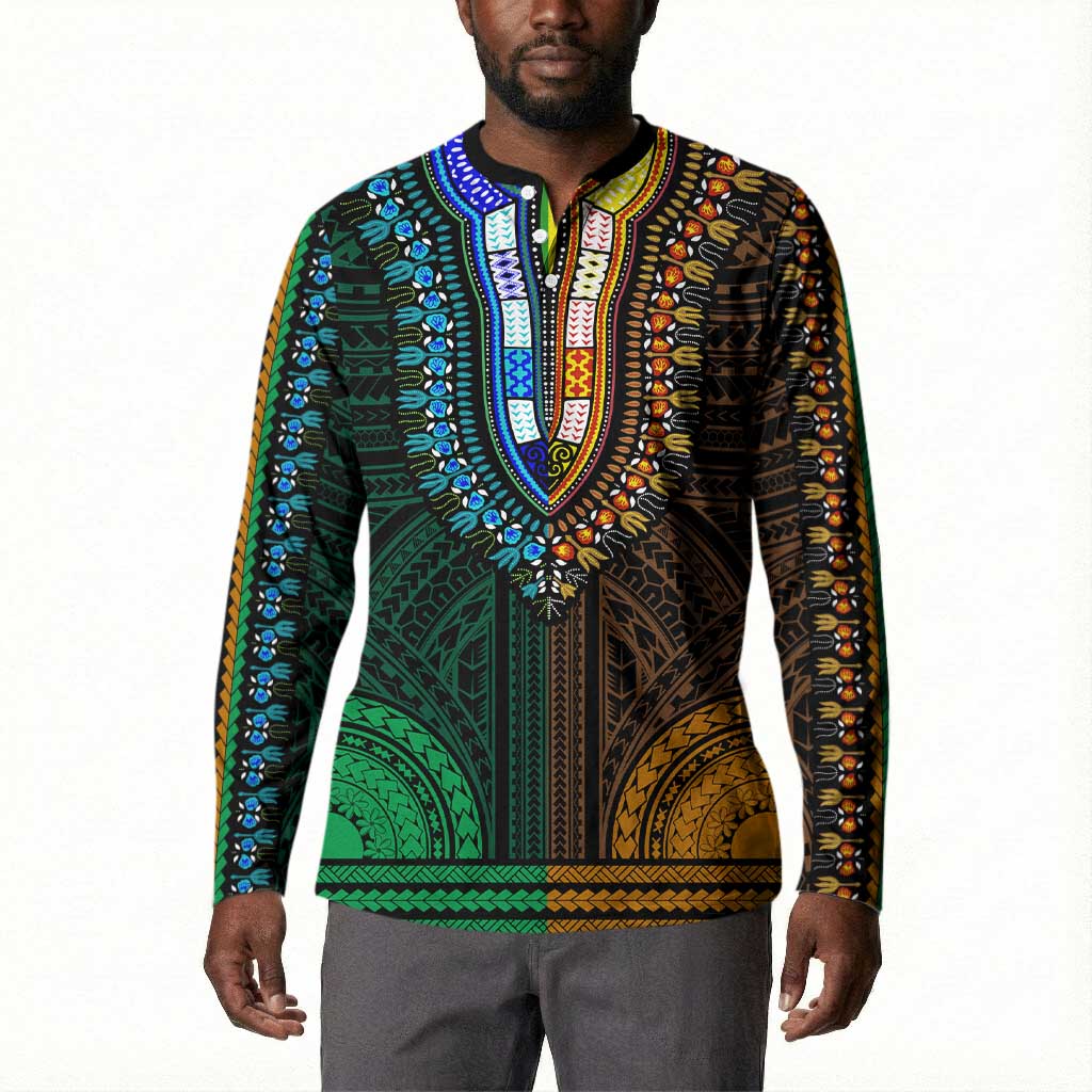 African Dashiki and Polynesian Pattern Button Sweatshirt Half Green-Gold
