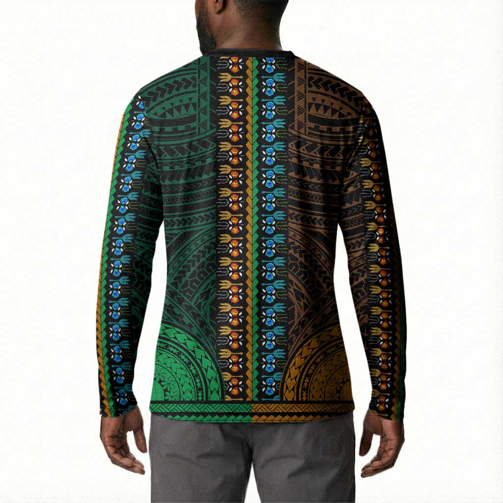 African Dashiki and Polynesian Pattern Button Sweatshirt Half Green-Gold