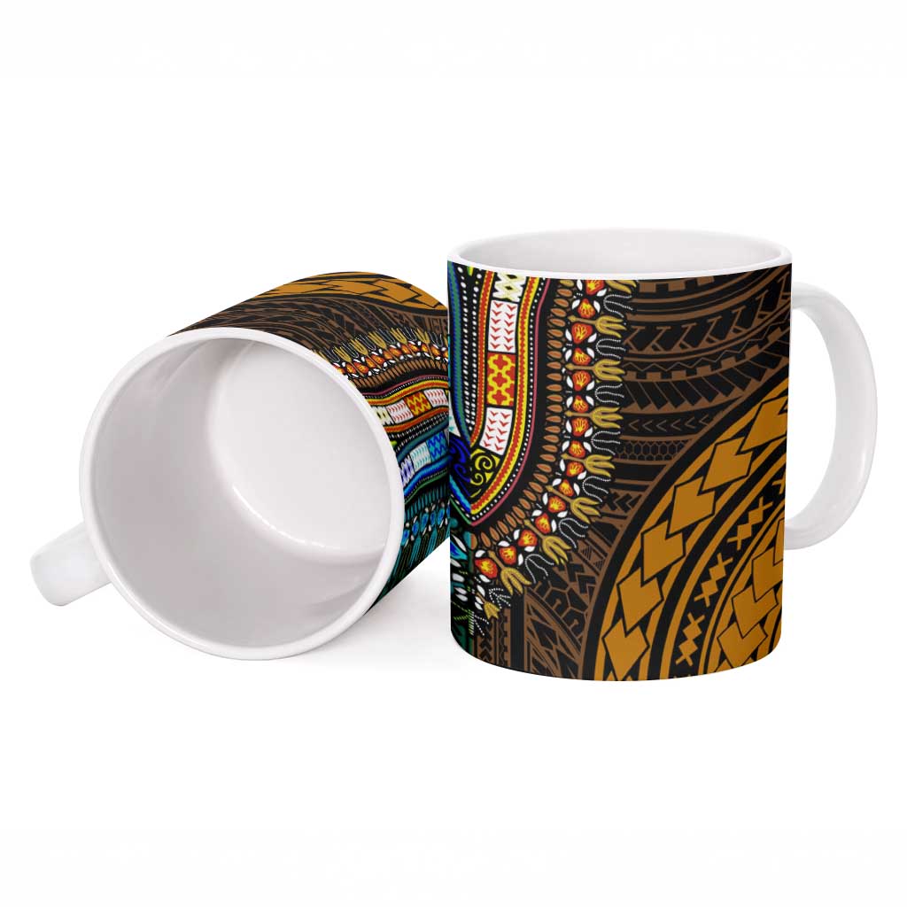African Dashiki and Polynesian Pattern Ceramic Mug Half Green-Gold