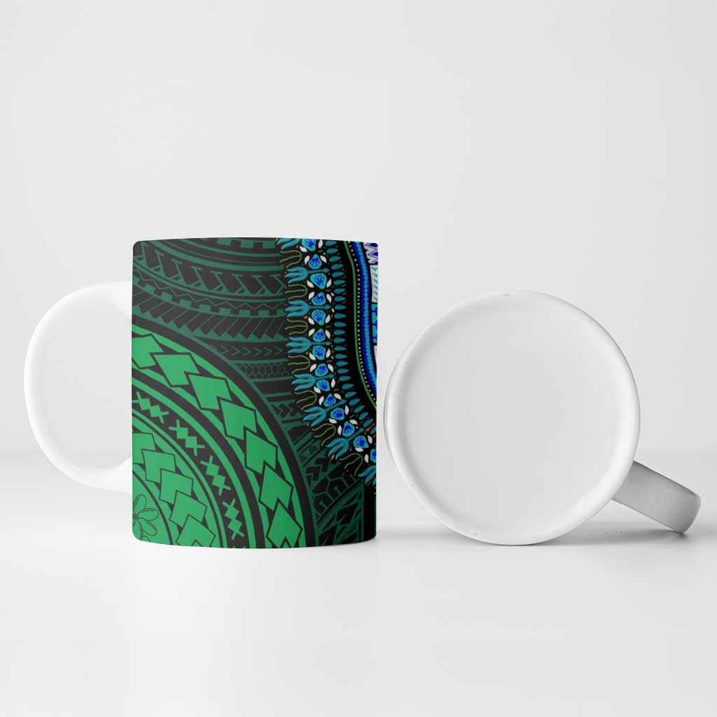 African Dashiki and Polynesian Pattern Ceramic Mug Half Green-Gold