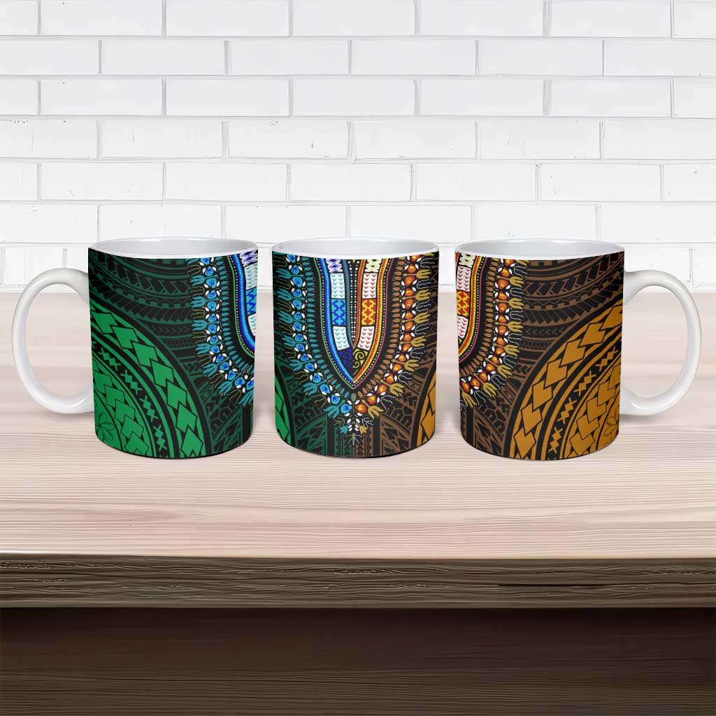 African Dashiki and Polynesian Pattern Ceramic Mug Half Green-Gold