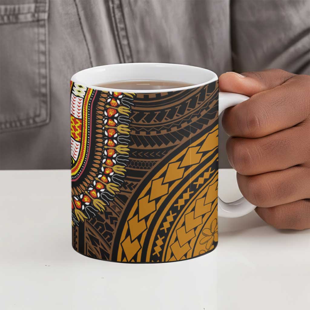 African Dashiki and Polynesian Pattern Ceramic Mug Half Green-Gold