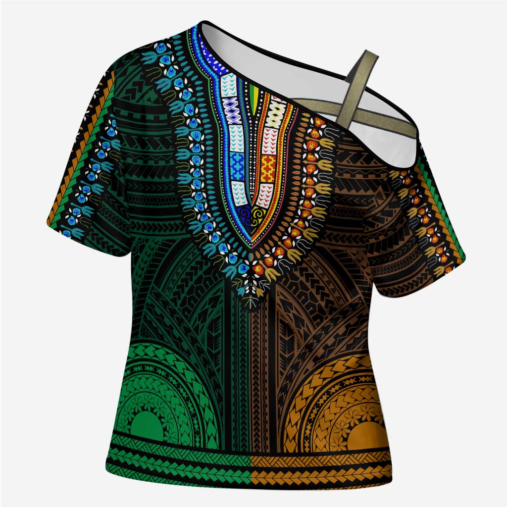 African Dashiki and Polynesian Pattern Cross Shoulder Shirt Half Green-Gold