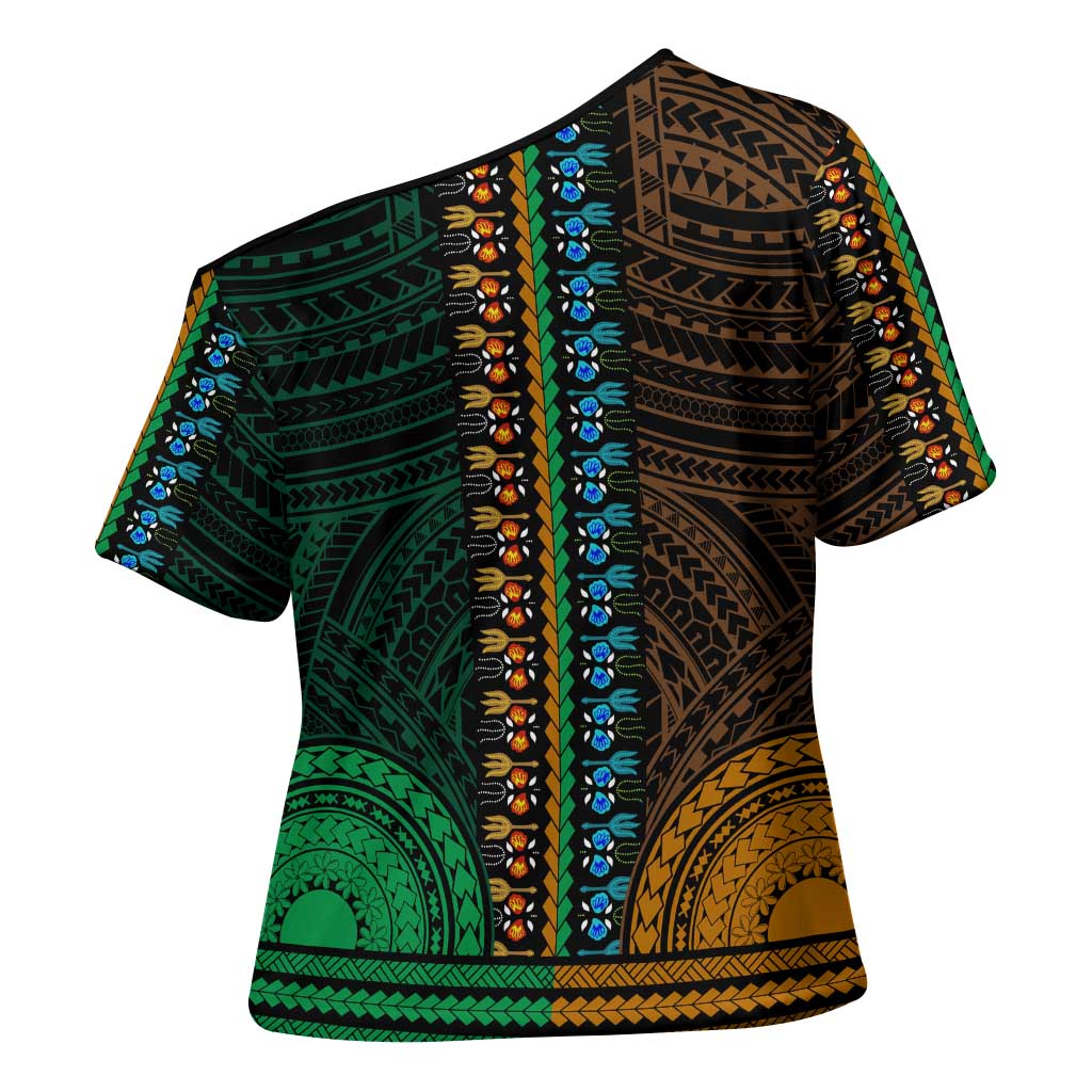 African Dashiki and Polynesian Pattern Cross Shoulder Shirt Half Green-Gold