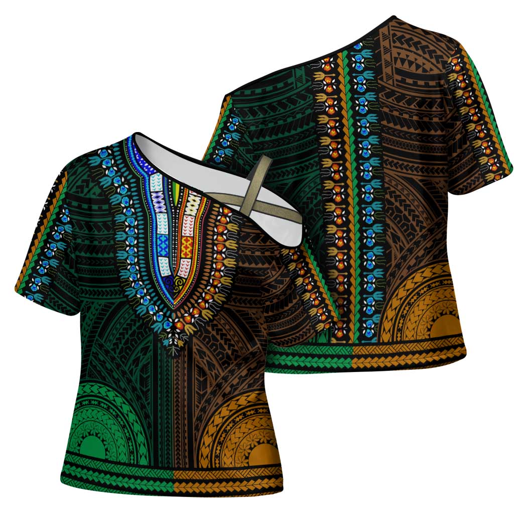 African Dashiki and Polynesian Pattern Cross Shoulder Shirt Half Green-Gold