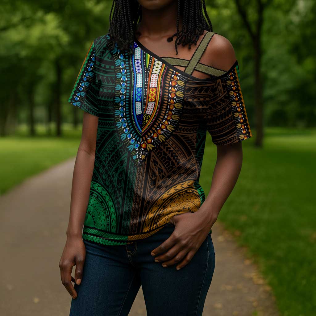 African Dashiki and Polynesian Pattern Cross Shoulder Shirt Half Green-Gold
