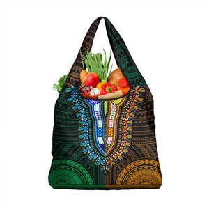 African Dashiki and Polynesian Pattern Grocery Bag Half Green-Gold