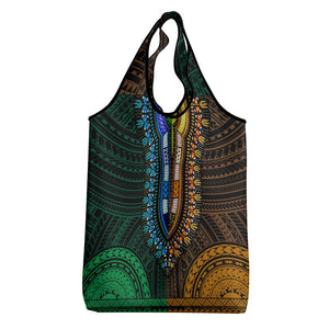 African Dashiki and Polynesian Pattern Grocery Bag Half Green-Gold