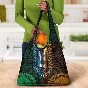 African Dashiki and Polynesian Pattern Grocery Bag Half Green-Gold