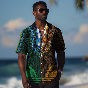 African Dashiki and Polynesian Pattern Hawaiian Shirt Half Green-Gold