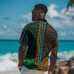 African Dashiki and Polynesian Pattern Hawaiian Shirt Half Green-Gold