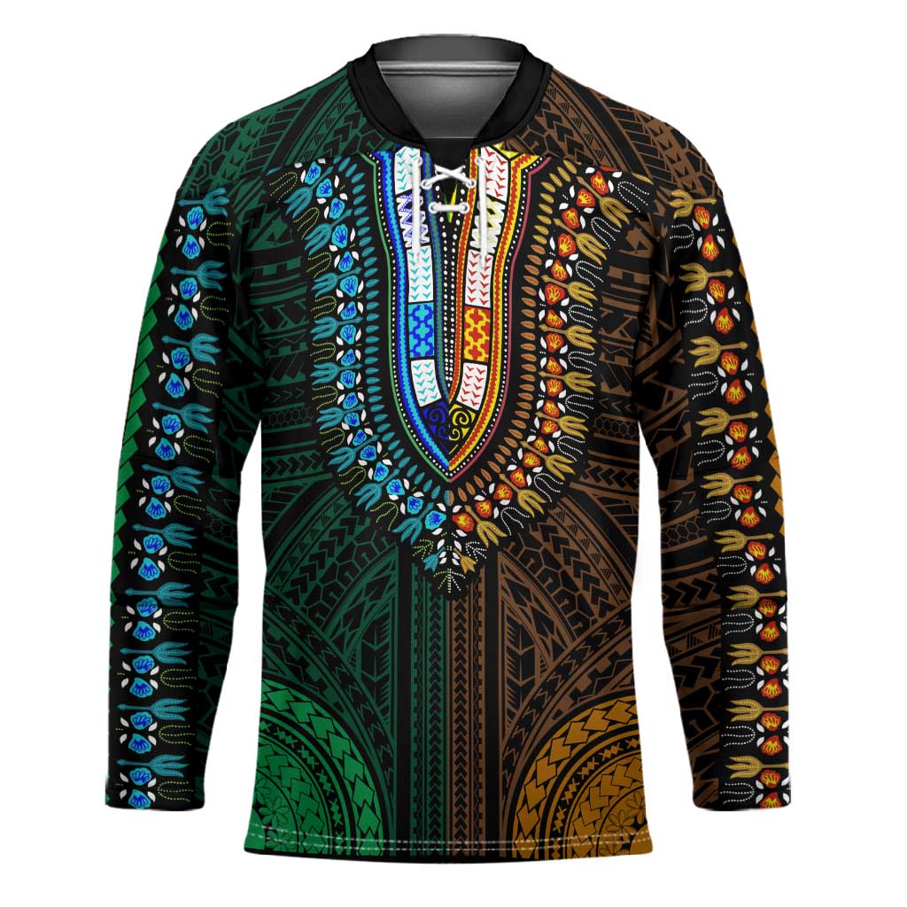 African Dashiki and Polynesian Pattern Hockey Jersey Half Green-Gold