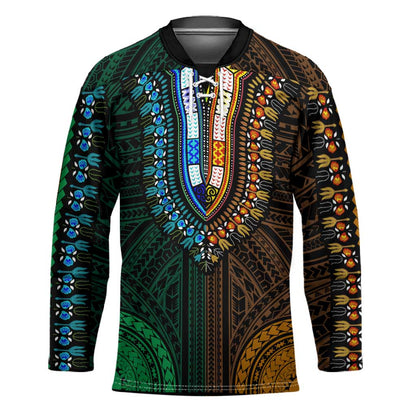 African Dashiki and Polynesian Pattern Hockey Jersey Half Green-Gold