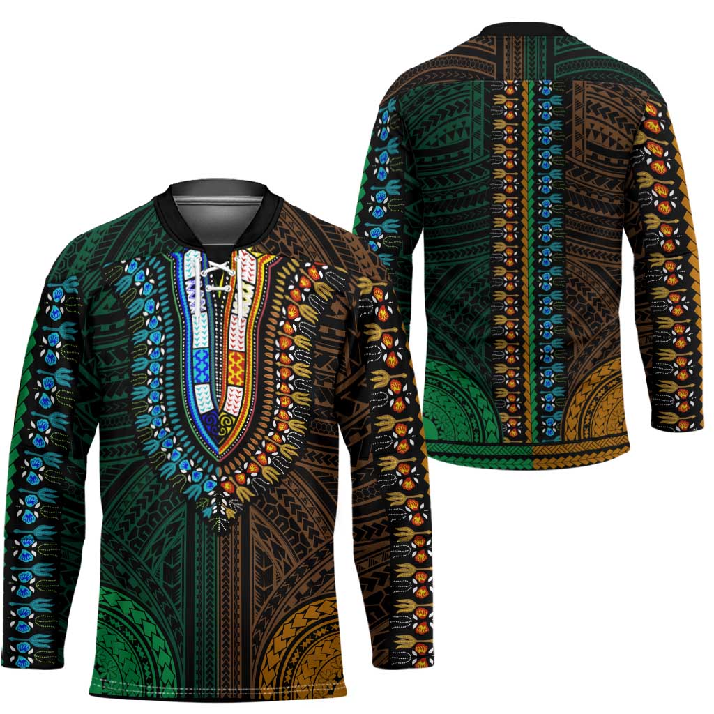 African Dashiki and Polynesian Pattern Hockey Jersey Half Green-Gold