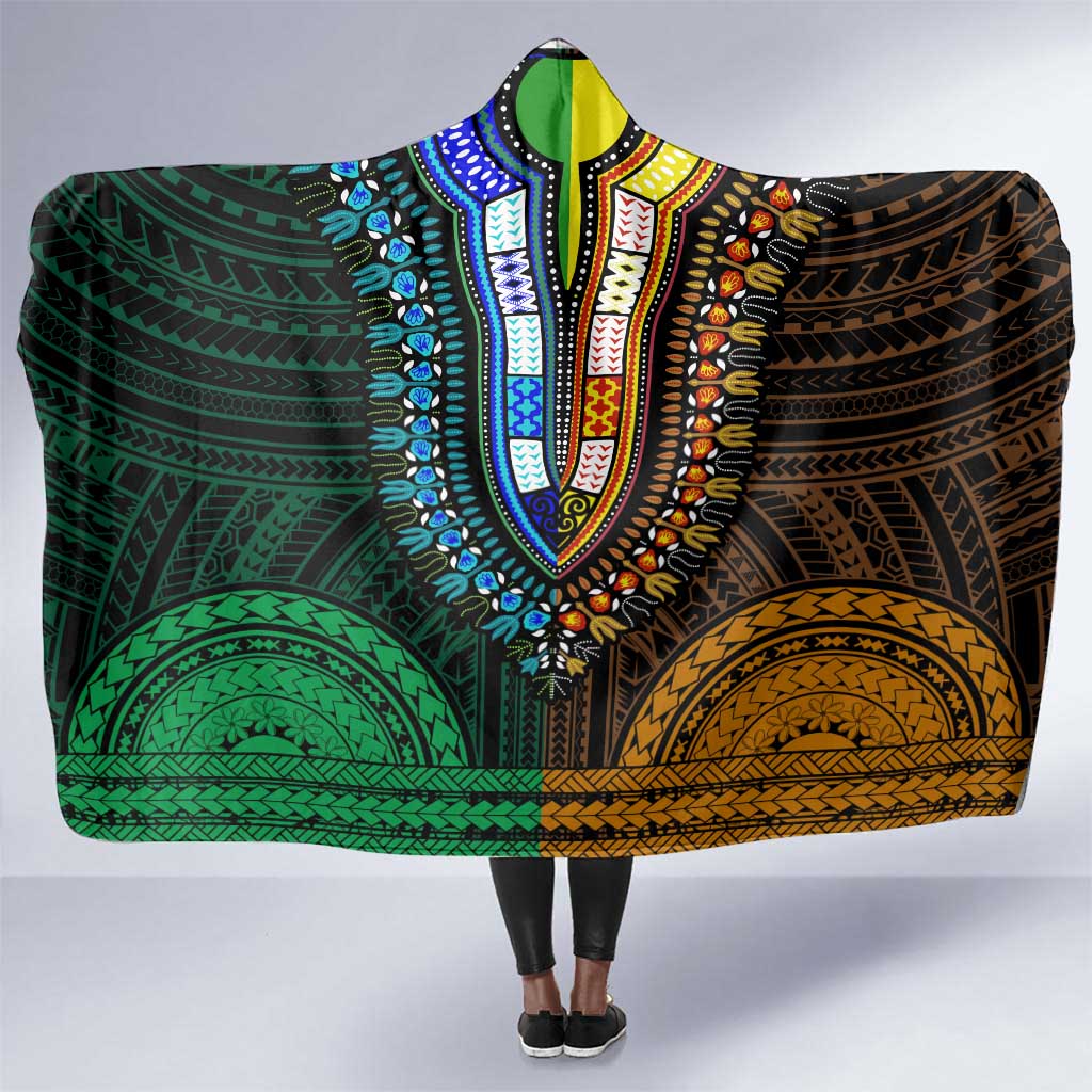 African Dashiki and Polynesian Pattern Hooded Blanket Half Green-Gold