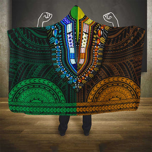 African Dashiki and Polynesian Pattern Hooded Blanket Half Green-Gold