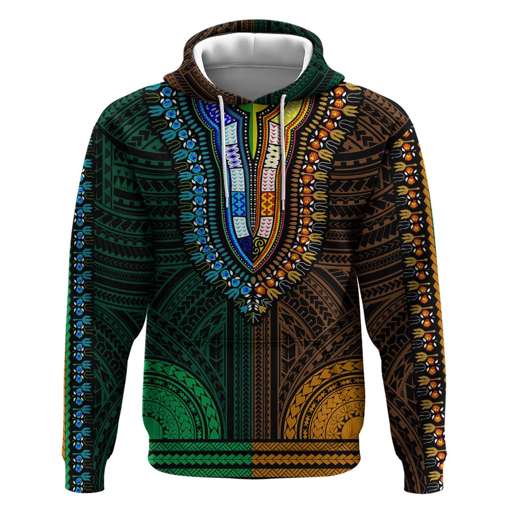 African Dashiki and Polynesian Pattern Hoodie Half Green-Gold