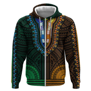 African Dashiki and Polynesian Pattern Hoodie Half Green-Gold