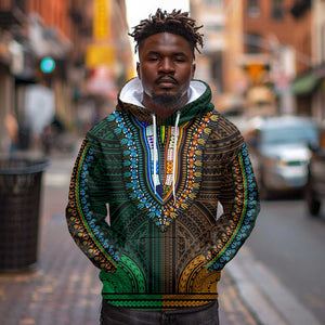 African Dashiki and Polynesian Pattern Hoodie Half Green-Gold