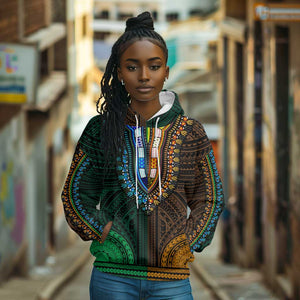 African Dashiki and Polynesian Pattern Hoodie Half Green-Gold