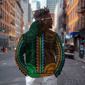 African Dashiki and Polynesian Pattern Hoodie Half Green-Gold