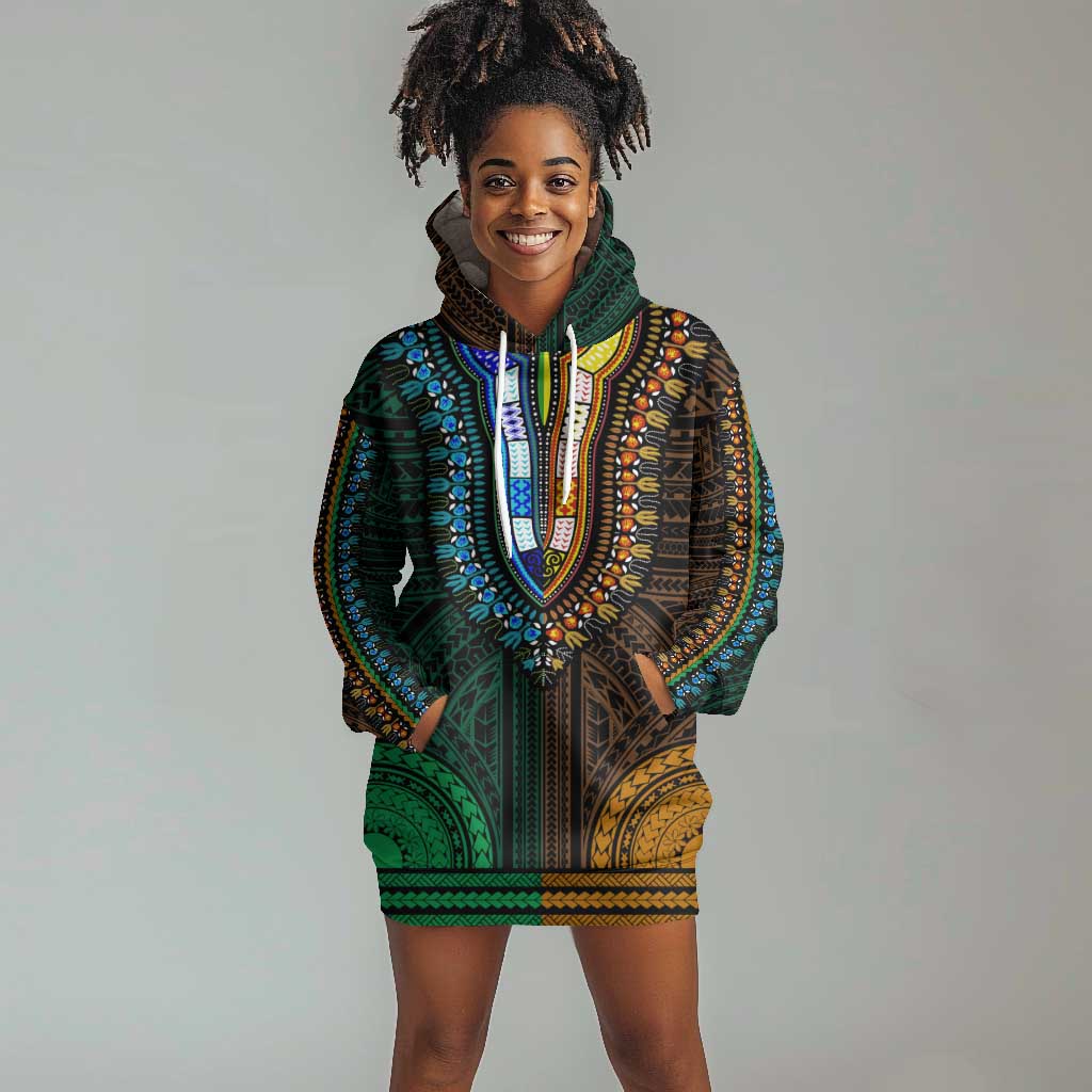 African Dashiki and Polynesian Pattern Hoodie Dress Half Green-Gold