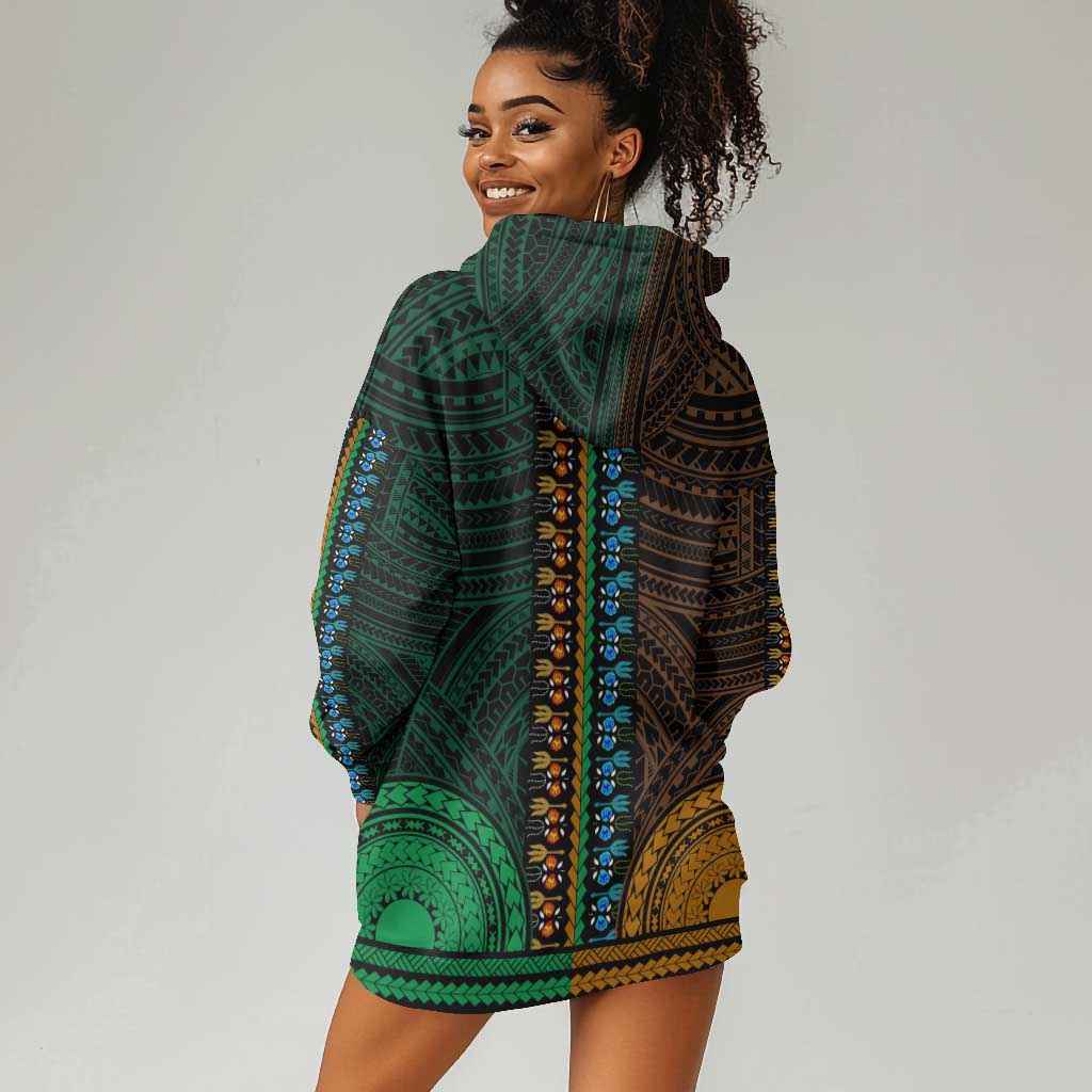 African Dashiki and Polynesian Pattern Hoodie Dress Half Green-Gold