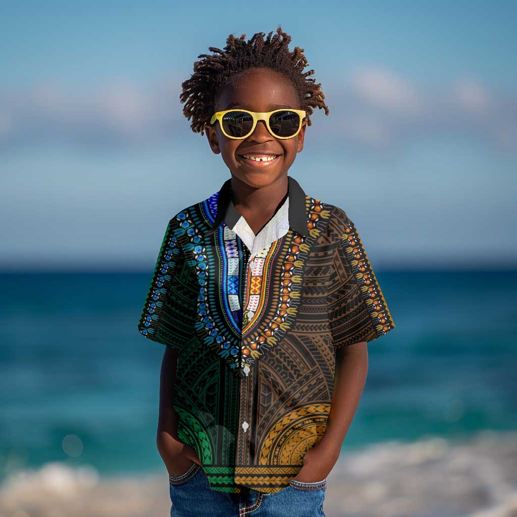 African Dashiki and Polynesian Pattern Kid Hawaiian Shirt Half Green-Gold