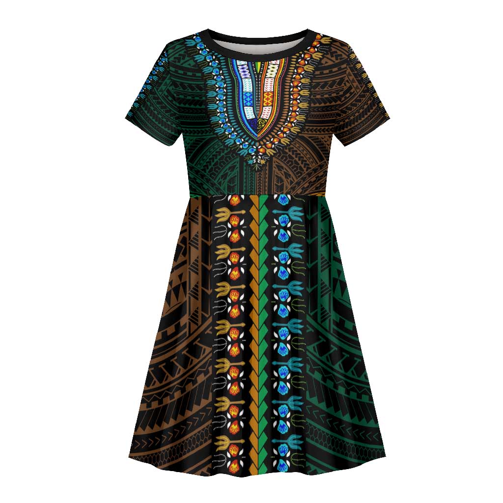 African Dashiki and Polynesian Pattern Kid Short Sleeve Dress Half Green-Gold