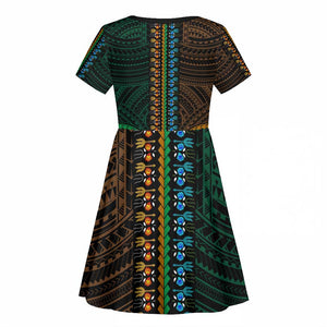 African Dashiki and Polynesian Pattern Kid Short Sleeve Dress Half Green-Gold