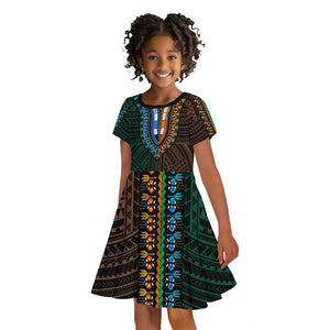 African Dashiki and Polynesian Pattern Kid Short Sleeve Dress Half Green-Gold